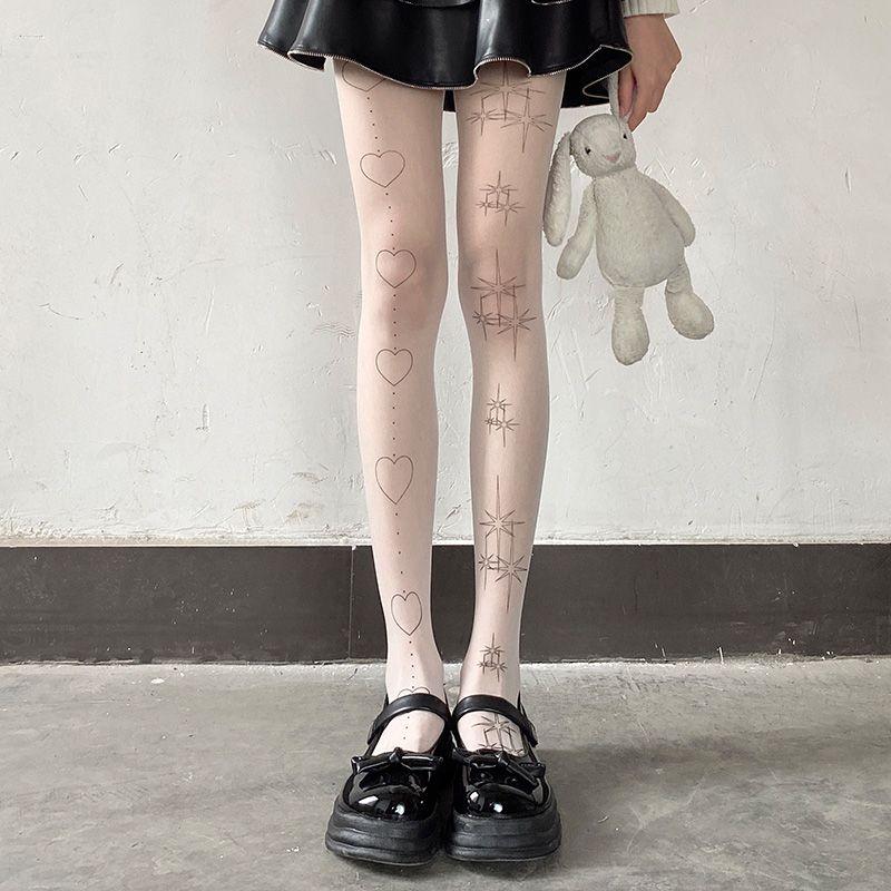 Summer Thin White Stockings with Love - Shaped Patterns - Niche and Playful Girl - Style Pantyhose