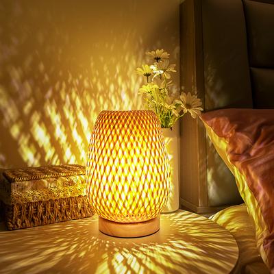 Kleine Rattan Tisch Lampe Dimmbar Neben Lampe Vintage Wicker Holz Nacht Stehen Lampe für Schlafzimmer Wohnzimmer Gehäuse Hause Zimmer