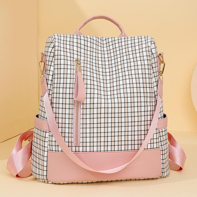 Rucsac antifurt pentru femei Geantă de umăr multifuncțională în carouri Rucsac de călătorie cu trei scopuri