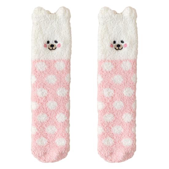 Fluffy Winter Crew Socks Cute Animal Embroidery Warm Socks Thick Fuzzy Plush Bear Cat Thermal Socks for Women Sleep Home Lounging