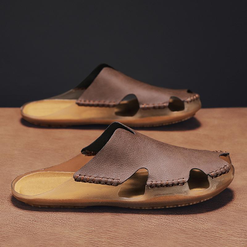 Fashion Men's Big Size Handmade Premium Leather Closed-Toe Sandals Summer Breathable Comfortable Flats Outdoor Daily Slippers Male Shoes