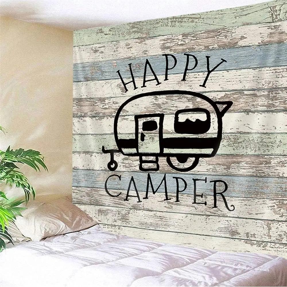 Happy Campers Printed Shower Curtain Retro Rustic Wood Style Small Size For Bathroom Decor