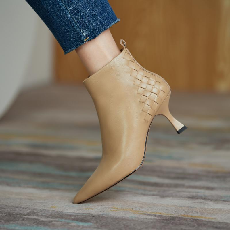 Fashion 2024 Sheepskin Ankle Boots High Heels Women Boots Thin Heel Short Boots Genuine Leather Winter Modern Leather Shoes Ladies Shoes