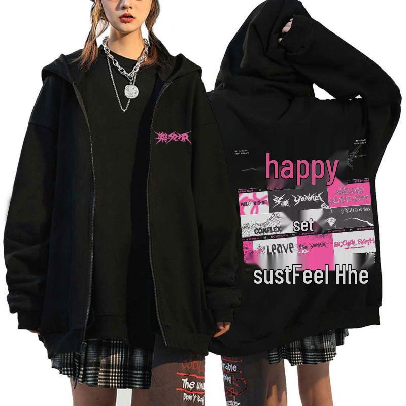 Stray Kids K-Pop Star Harajuku Print Loose Zipper Hoodie