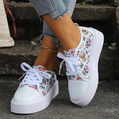 Chaussures Vulcanisées Mode Femme Rétro Imprimé Halloween Baskets à Plateforme Mode Lacets Blanc Sport Décontracté Chaussures de Course Automne
