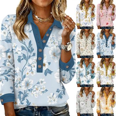 Women's Retro Street Lazy V,neck Long Sleeve Button Floral Print Pullover Top