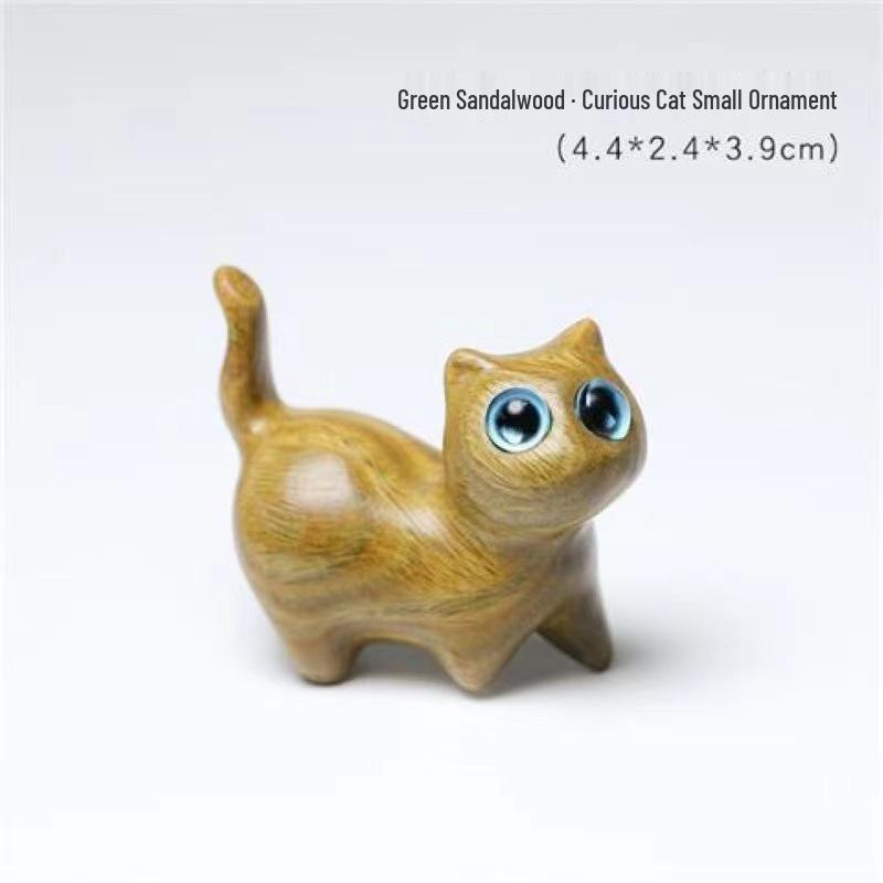 Adorable Green and Black Sandalwood Cat Ornament - Cute, Curious Desktop Miniature, Perfect Creative Gift for Kids.