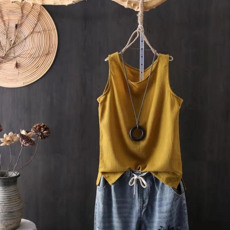 Spring/Summer Women's Knitted Tank Top Solid Color Artistic Retro Loose Cotton and Hemp Bottom Shirt Strap Top