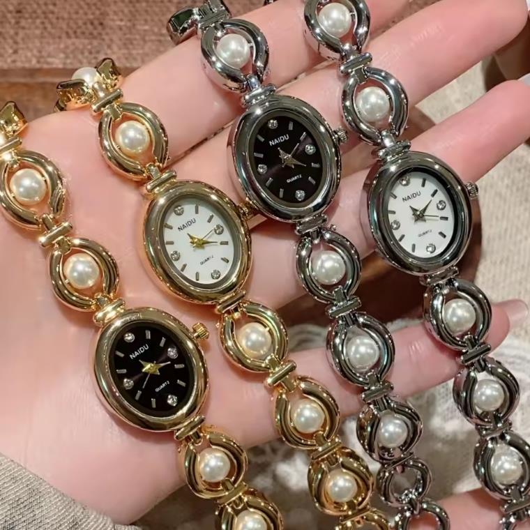Luxury Ladies Watches Gold Silver Small Oval Dial Pearl Bracelet Clock For Women Lady Dress Quartz Wristwatch Relogio Feminino