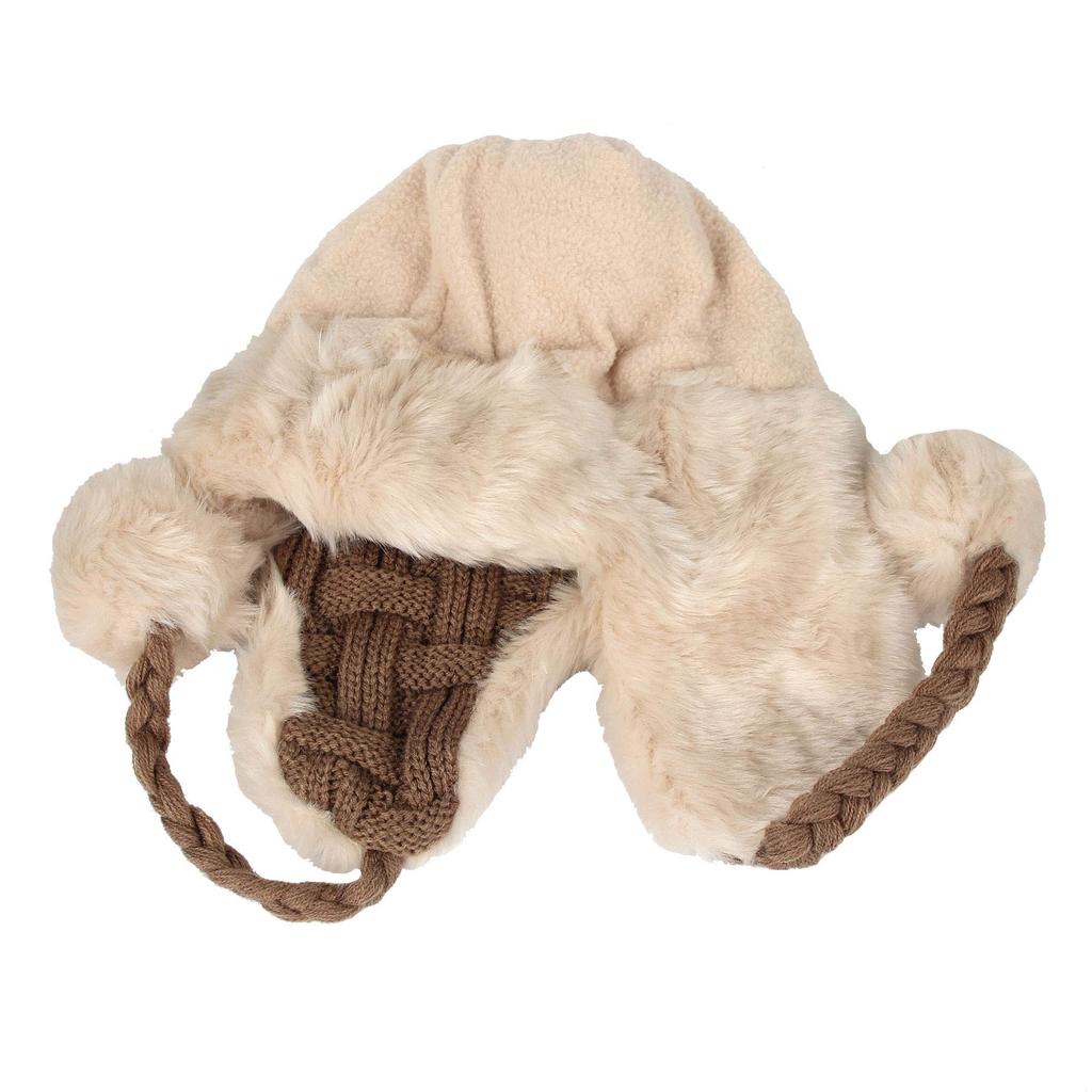 With Moons FZ70022 (Brown) Warm Winter Knit Hat with Earflaps and Pompoms, Woven-Look Design, Fur Lining