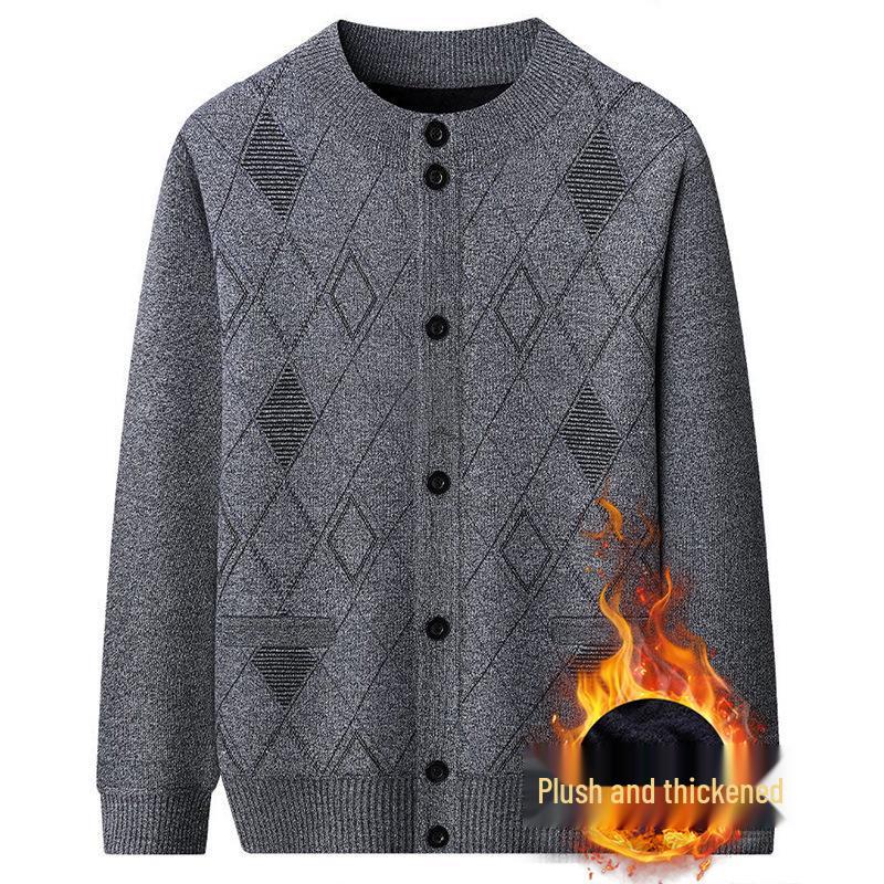Men's V-Neck Knit Cardigan Sweater: Autumn-Winter Plus Velvet, Thickened, Loose Fit for Middle-aged & Elderly