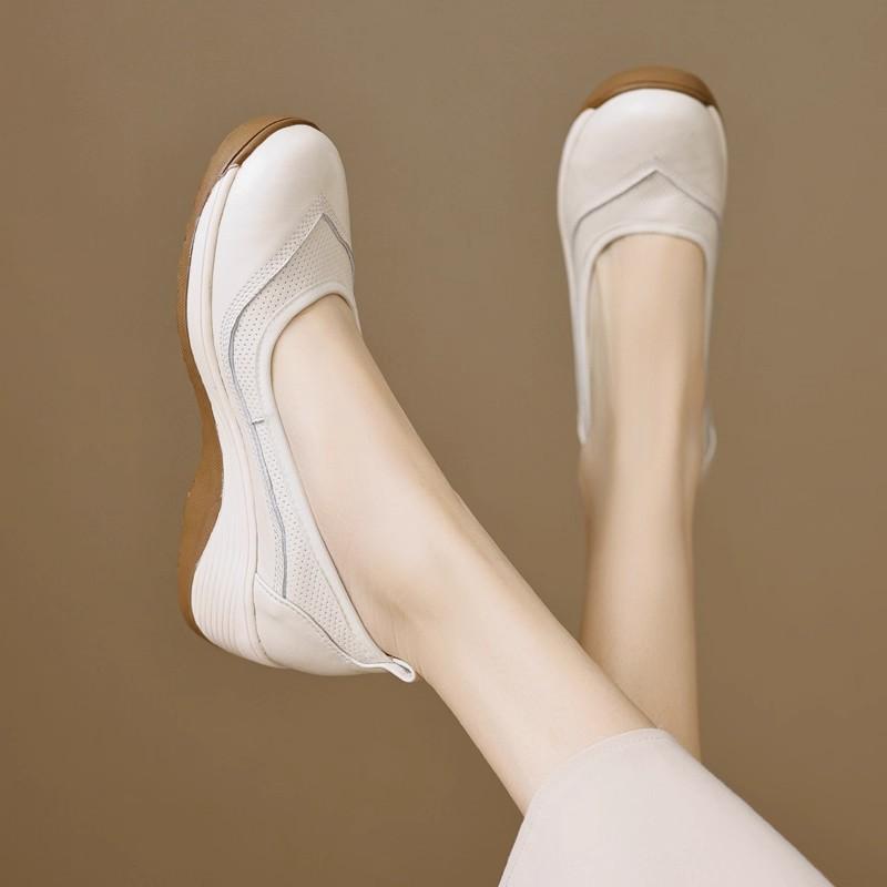 thick-soled wedge single shoes women's spring light soft-soled leather shallow mouth casual leather shoes