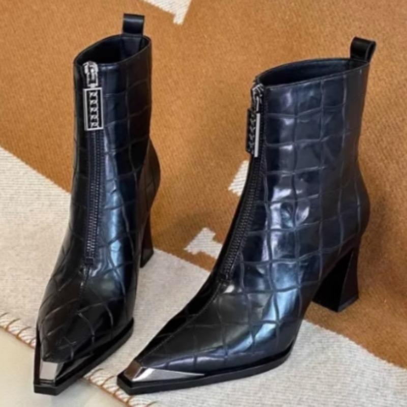 Fashion 2025 New Women's Leather Pointed Toe Ankle Boots High Heel Zipper Metal Fashion for Autumn Winter Shoes Fashion Sexy Party