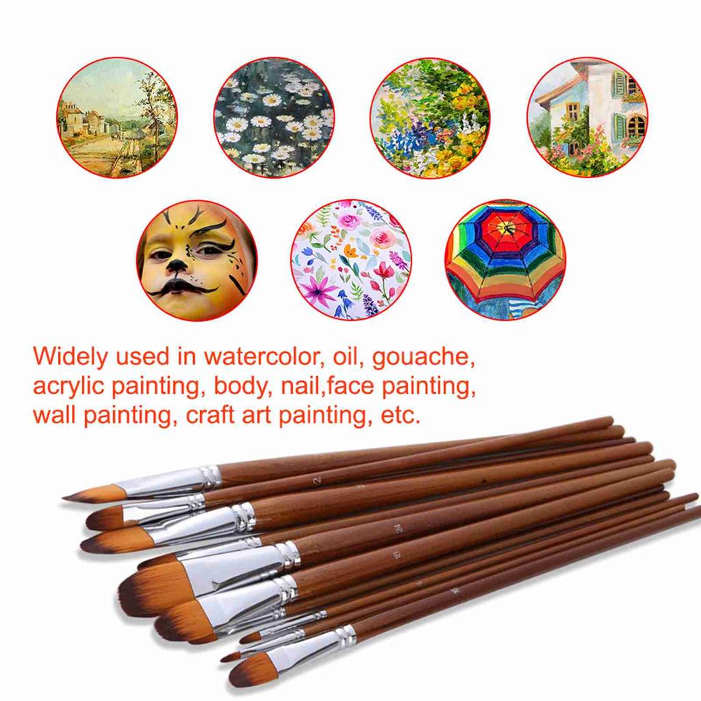 13pcs Professional Art Paint Brushes Set Long Wooden Handle Nylon Hair Paintbrush for Acrylic Oil Watercolor Gouache