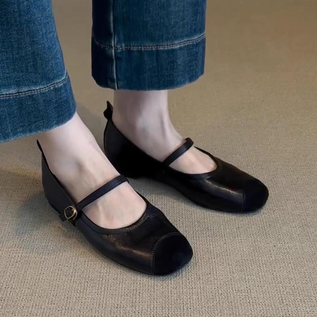 Sheepskin version~ retro soft-soled leather splicing one-word belt Mary Jane single shoes women's shallow commuter flat-soled ballet shoes