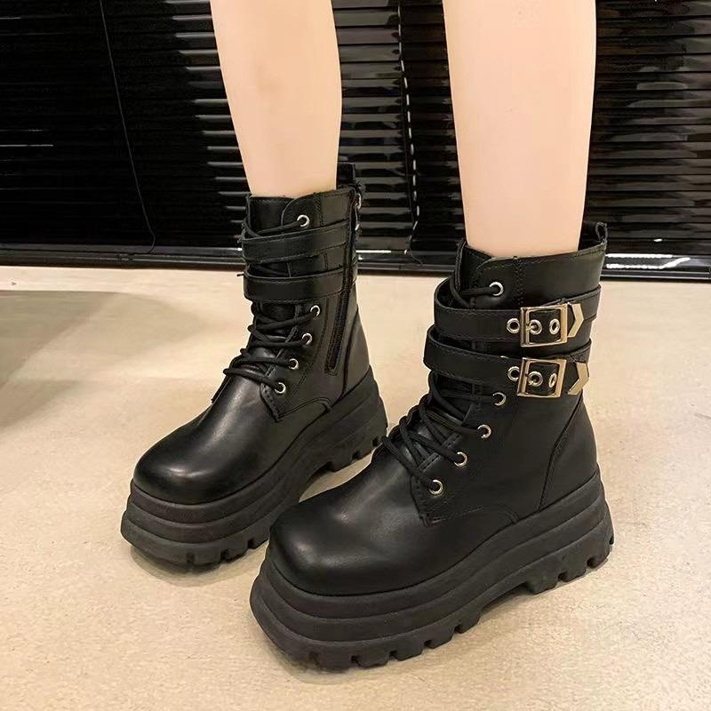 Martin boots women's thick-soled muffin front lace-up autumn and winter new versatile locomotive short boots round head design