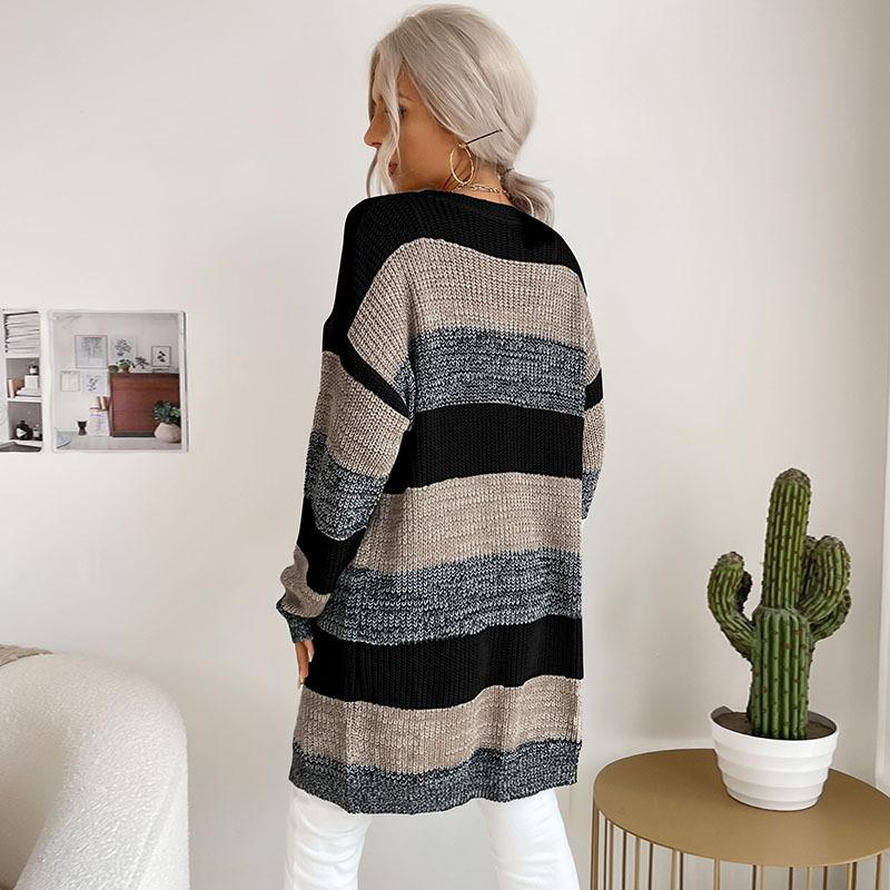 Casual Trend Versatile Autumn and Winter Women's Long Section Without Buttons Colorblocking Sweater Coat