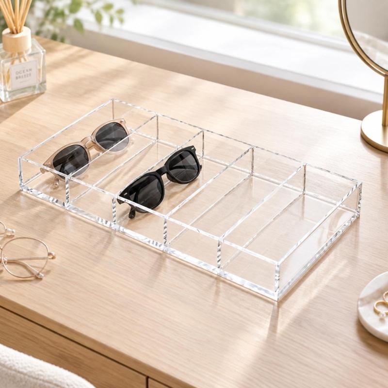 Clear Acrylic Eyeglasses Tray with 6 Separate Compartment for Visible Storage in Closets, Entryway Cabinets, or on Dressing Tables