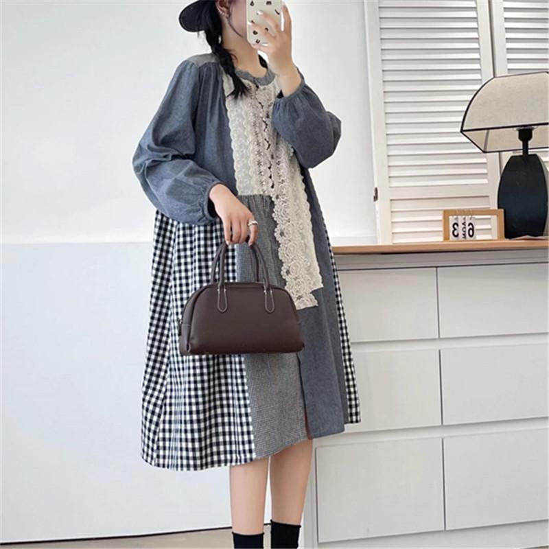 Johnature Frühlings-Patchwork-Spitzen-Patchwork-Karokleid Frühling Retro Lässig Locker Langarm Damenkleider