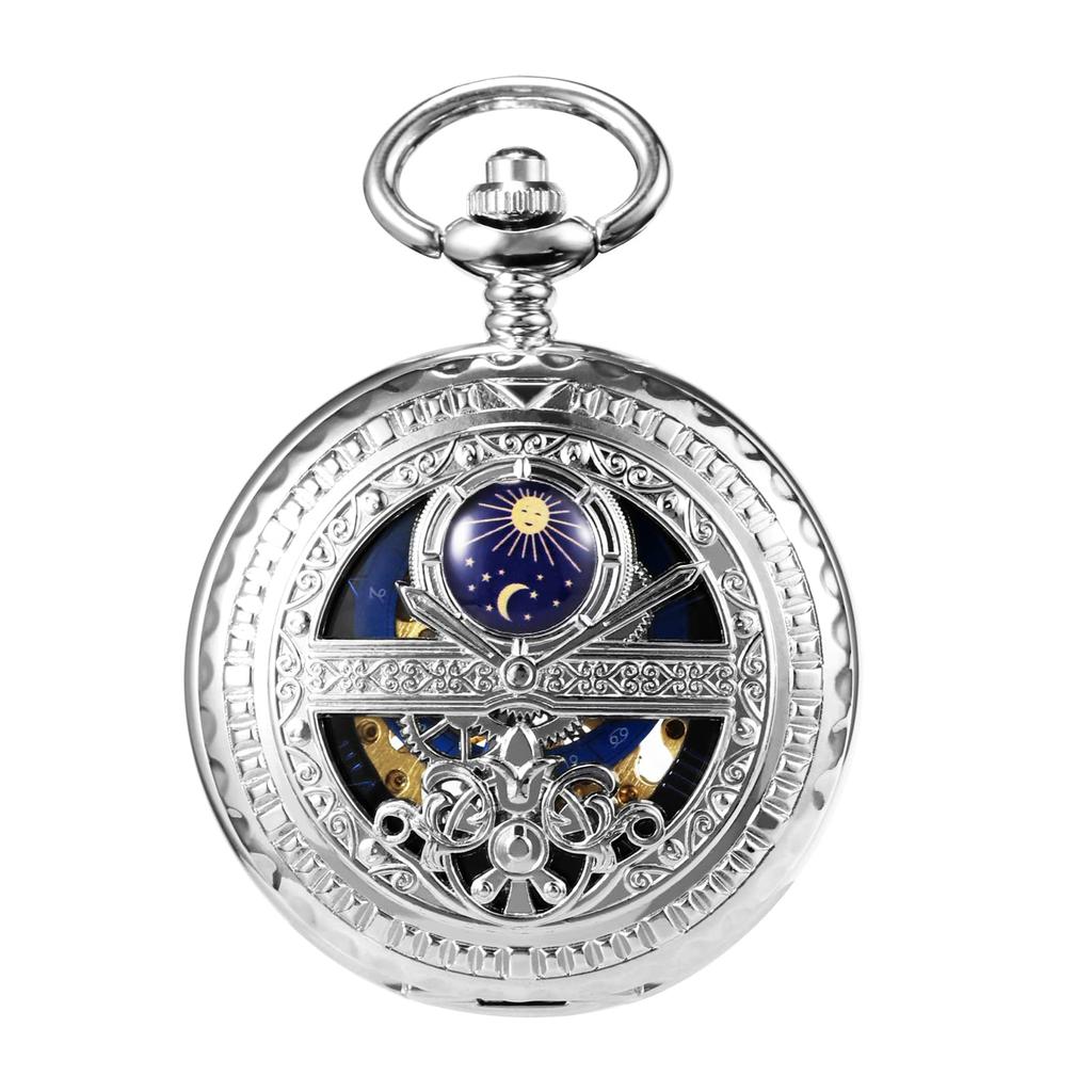 TREEWETO Mechanical Pocket Watch, Silver, Roman Numerals, Moon and Sun Design, with Chain and Gift Box