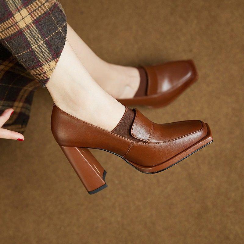 2025 spring and autumn new single shoes women's high heels square head fashion thick heel retro European and American French versatile women'