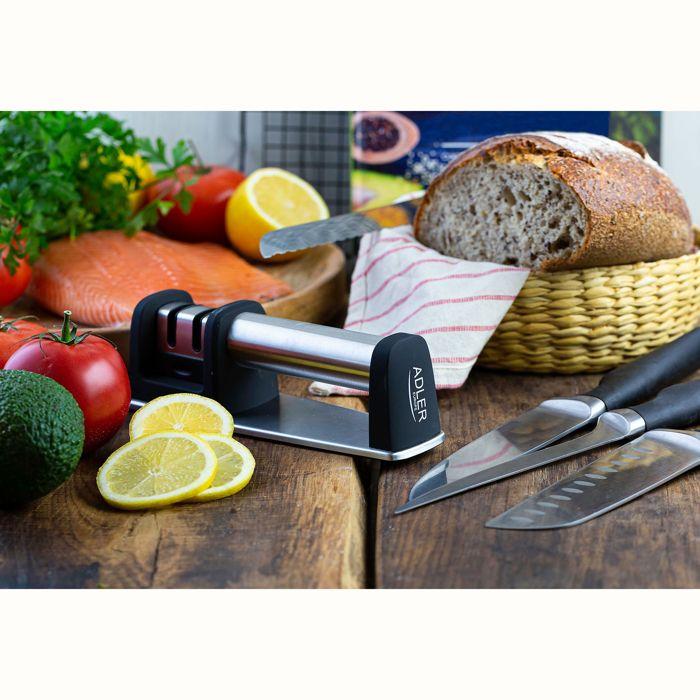 Aiguiseur de couteaux manuel professionnel à 2 étapes carbure et céramique adler ad4489 noir/argent