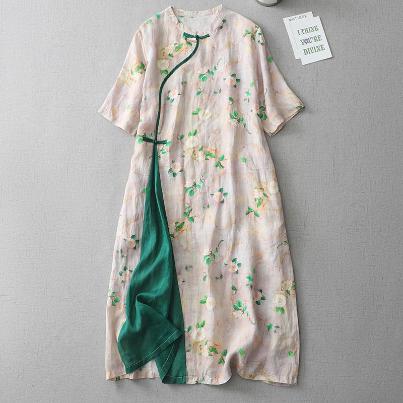 2026 New Style Floral Cotton Linen Cheongsam Dress - Plus Size Slimming & Tummy Concealing Long Skirt