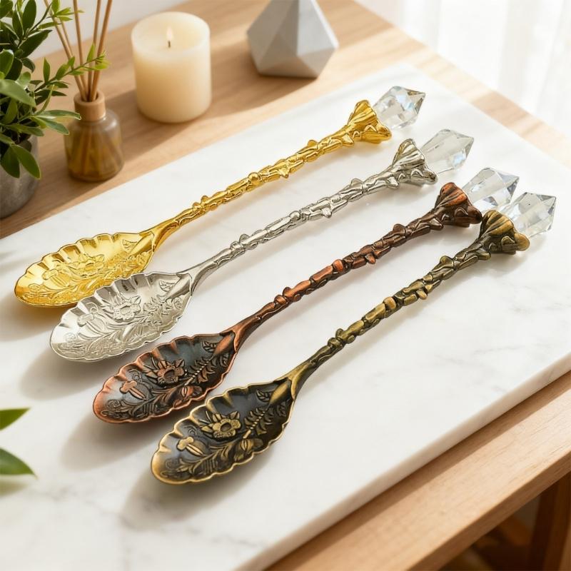 Retro Crystal Head Kirsite Spoon Elegant Antique Designs For Dessert Salt Coffee Teas Utensils Durable Kitchens Tool