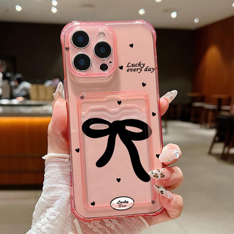 Colorful Bowknot Pattern Card Slot Phone Case for iPhone 16 Pro 15 14 13 12 Pro Max 11 Shockproof Transparent Soft Tpu Lens Protection Slim Cover