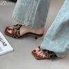 Leopard Buckle Slippers Loafers Shoes Woman Square Toe Women Heeled Sandals 2025 Trend Shallow Summer Flip Flops Casual Slides