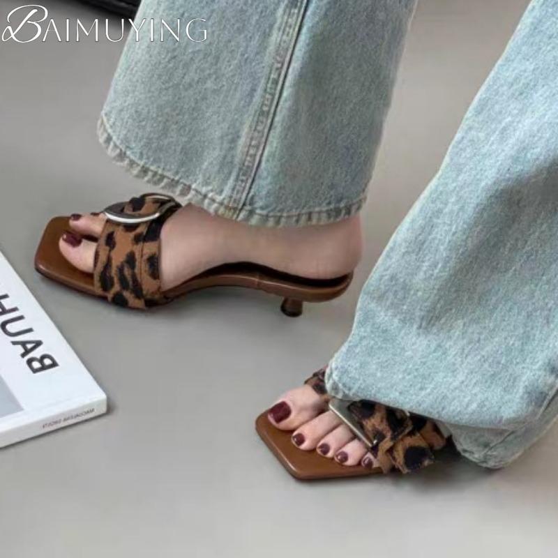 Fashion Leopard Buckle Slippers Loafers Shoes Woman Square Toe Women Heeled Sandals 2025 Trend Shallow Summer Flip Flops Casual Slides