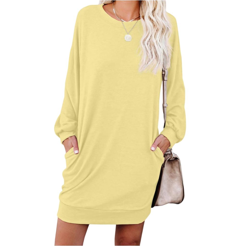 Women's Fashionable Long-sleeved Solid-color Round-neck Pocket Dress