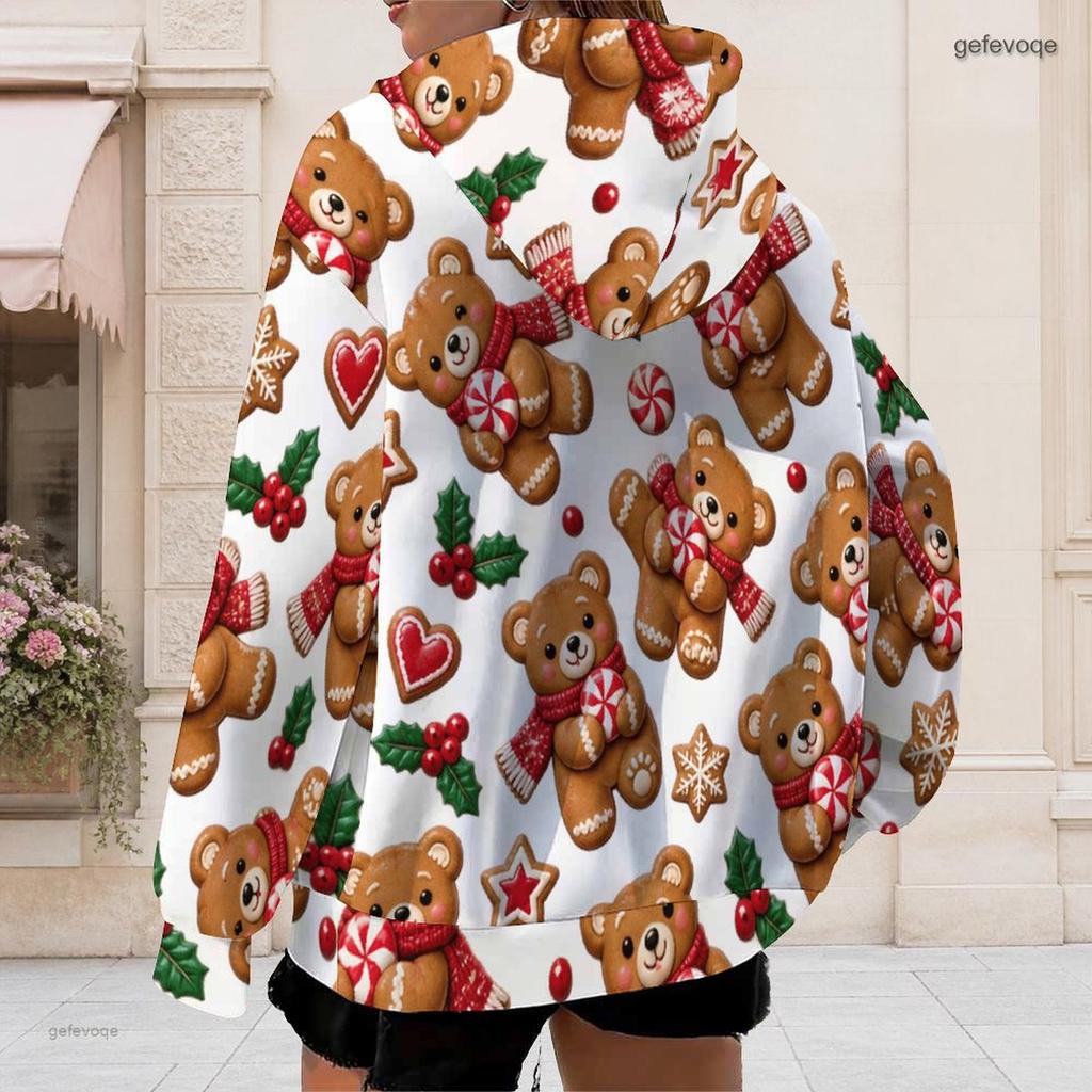 Women Plus Size Zip Up Hoodie Long Sleeve Drawstring Hood Pockets Christmas Hedgehog Print White