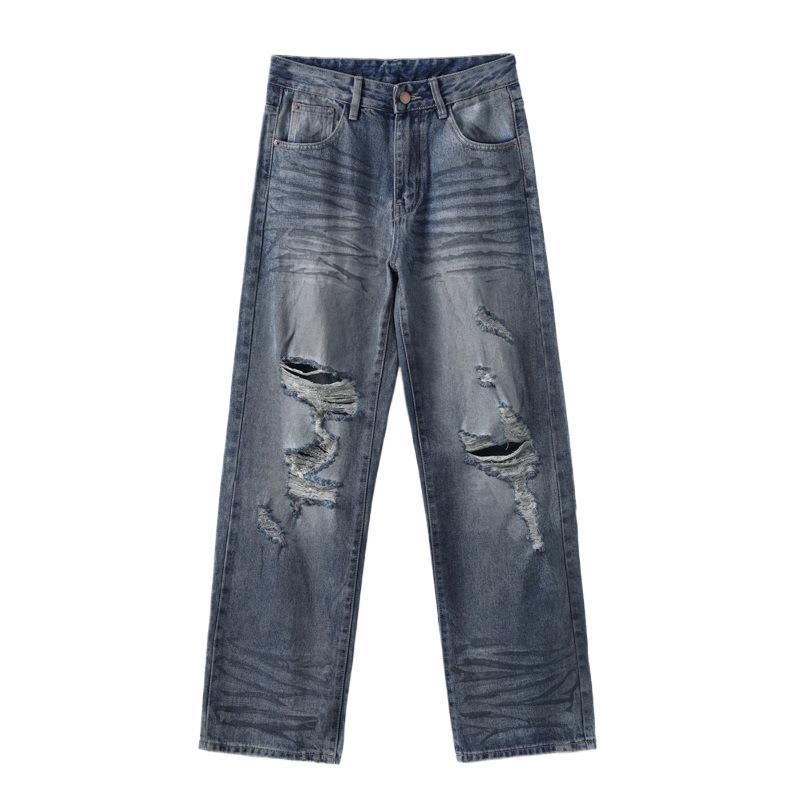 American High Street Old Dirty Dyed Ripped Loose Straight Floor Jeans Men's Length