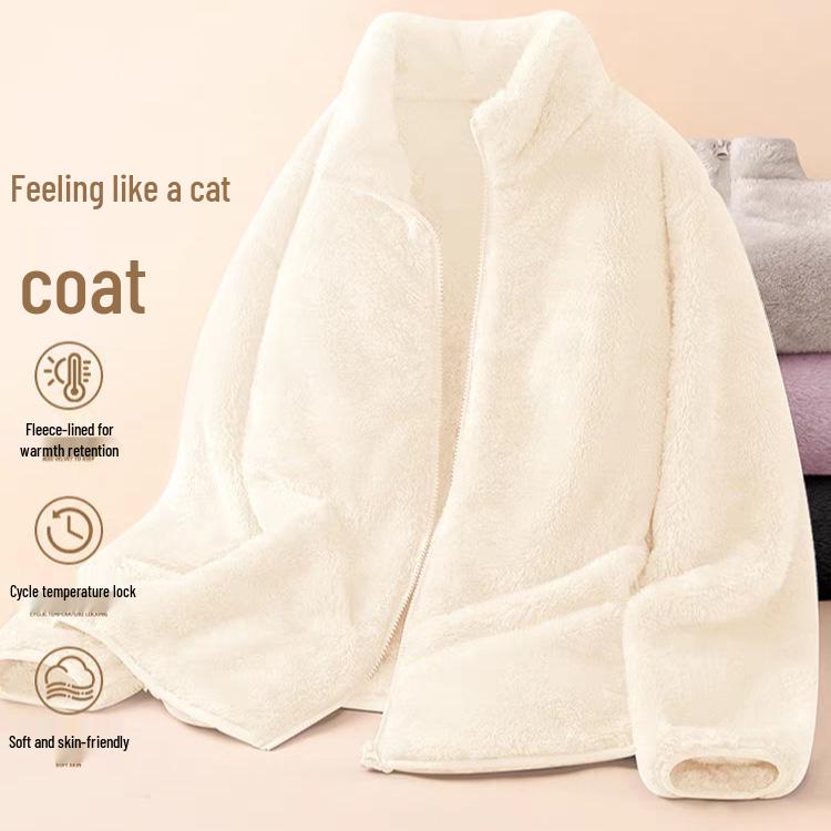 Women's Double-Sided Fleece Jacket - Short Sleeve, Loose, Plus Velvet, Thickened for Autumn/Winter Warmth, Coral & Sherpa Fleece Pajamas.