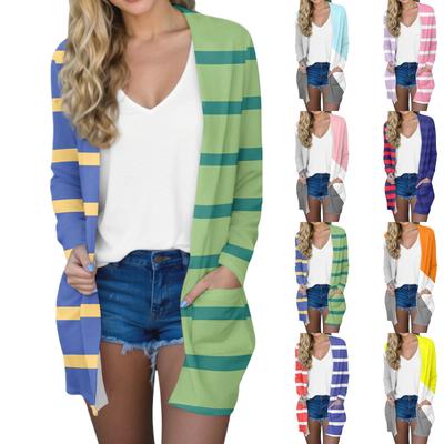 Damenmode Lässig Bequem Gestreift Bedruckt Mittellang Strickjacke Jacke