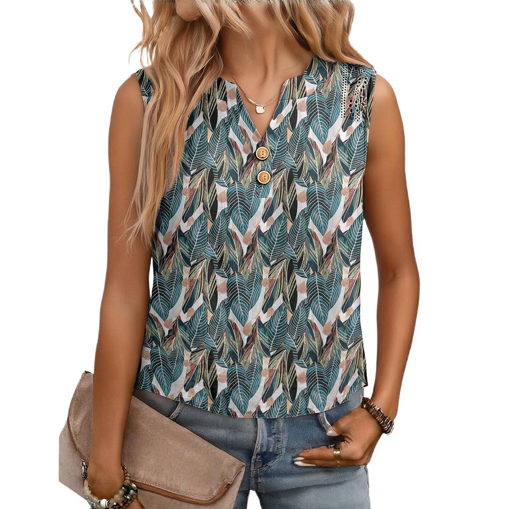 Women's Casual, Loose-Fitting, Printed, Sleeveless Linen Blouse