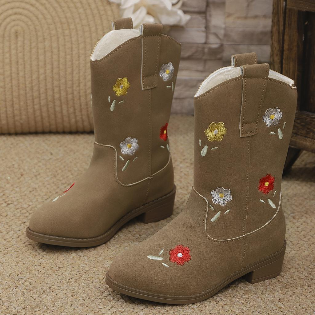 Girls Leather Boots Autumn Winter Kids Embroidered Mid-calf Boots  Sweet Elegant Children  Causal Boots Pointed Toe