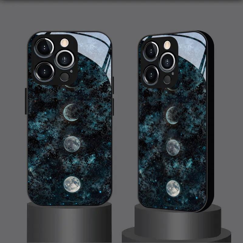 Different Phases Moon Tempered Glass Phone Case For iPhone 17 16 Pro Max 15 14 13 12 11 Pro 17Air 16E 7 8 Plus XR XS X Cover