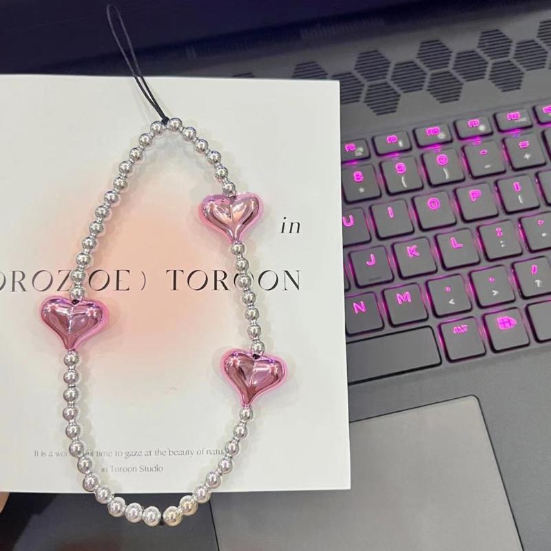 Fashion Phone Charm Pink Heart Pendant Unique Phone Lanyard Keyring Heart Bead Keychain Wing Heart Phone Strap Party