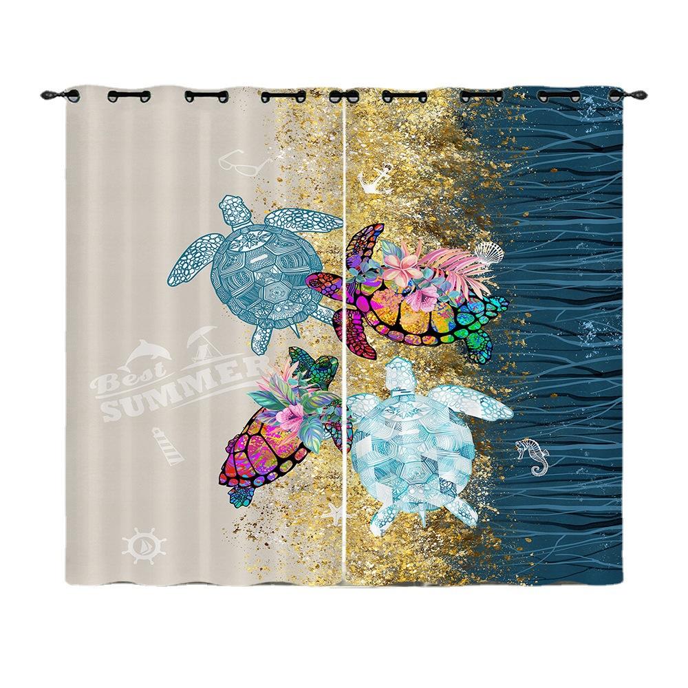 Curtains Turtle Blue Sea Sunshade Digital Printing Curtains Blackout No Punching Bedroom