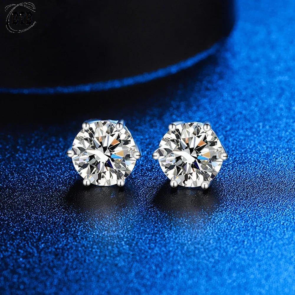 Cbtb 925 Silver GRA Certified 0.5-3CT Real Moissanite D Color VVS1 Six-jaw Stud Earrings Women Wedding Band Jewelry