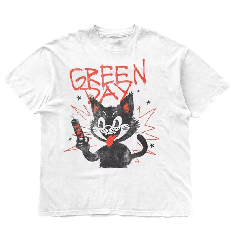 2026 Green Day Band Illustration Fun Music Album American Retro Punk Loose Unisexs and Womens Printed Tshirt Ins Y2k