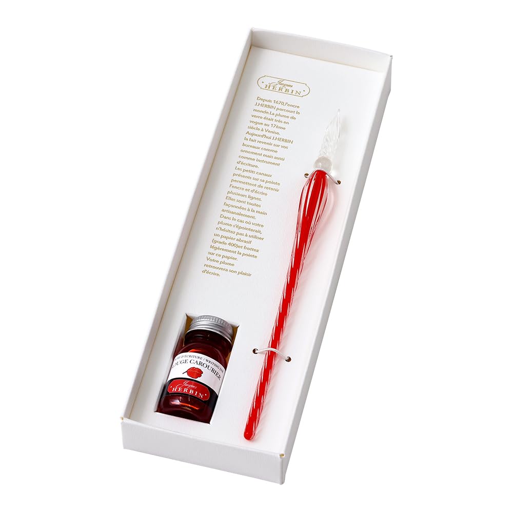 

a traditional French brand founded in offers a handcrafted glass pen set in Bonbon Red and mini ink in Carob Red Herbin, 1670, (10ml) (hb21822set).