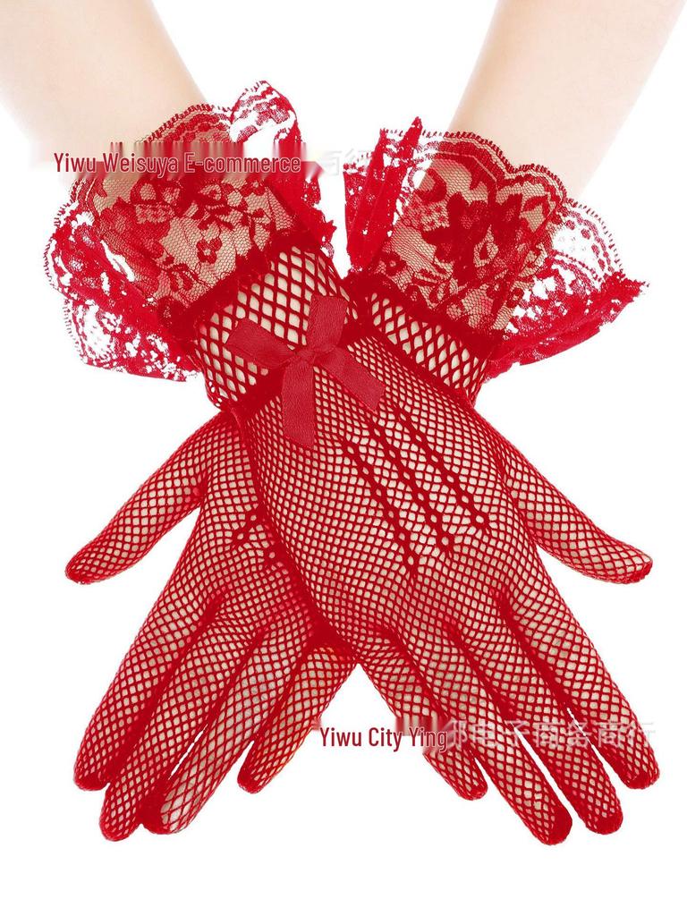 Bridal Fishnet Lace Gloves with Bowknot for Wedding, Prom, and Performance