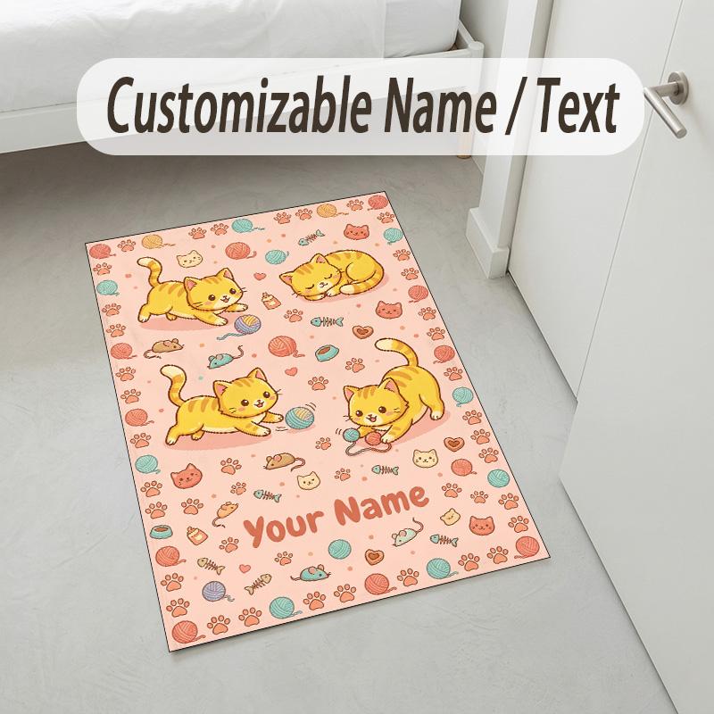 Kittens Theme Soft Crystal Velvet Rug Custom Name & Text Print Non Slip Floor Rug for Bedroom Living Room