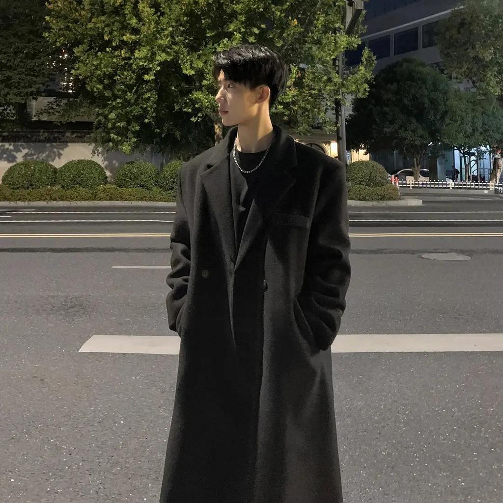 High-End Men's Grey Wool Trench Coat - Trendy, Loose, Mid-Length, Korean-Style, for Autumn and Winter