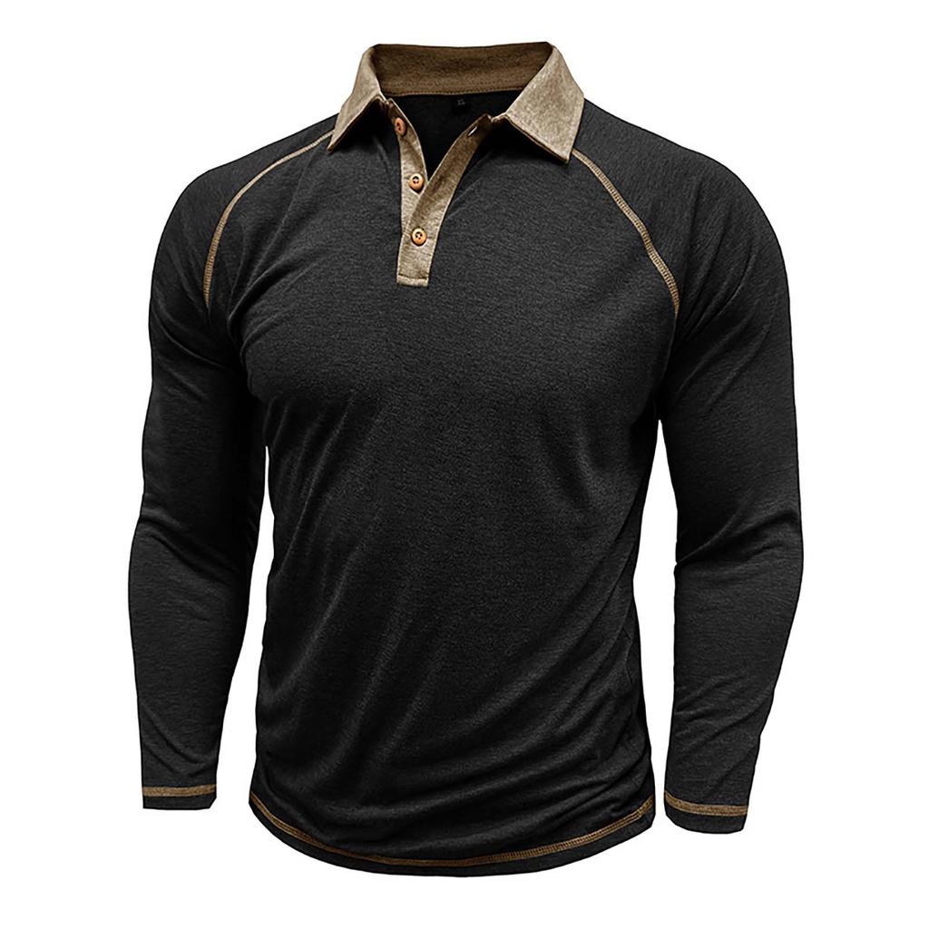 Men's Spring And Solid Color T-shirt Lapel 3 Button Open Placket Button Long Sleeved Top