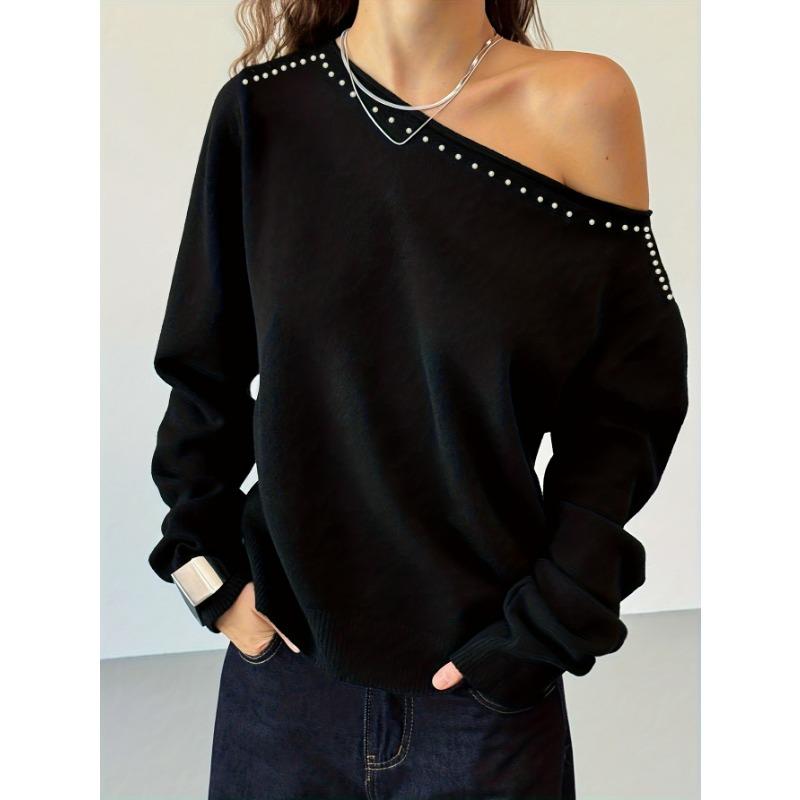 Women Rivet One Shoulder Long Sleeve Knitted Waist Slimming Casual Top