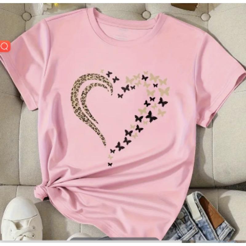 

Летний топ с круглым вырезом и принтом в форме сердца, модная повседневная женская футболка с коротким рукавом из чистого хлопка XXXL